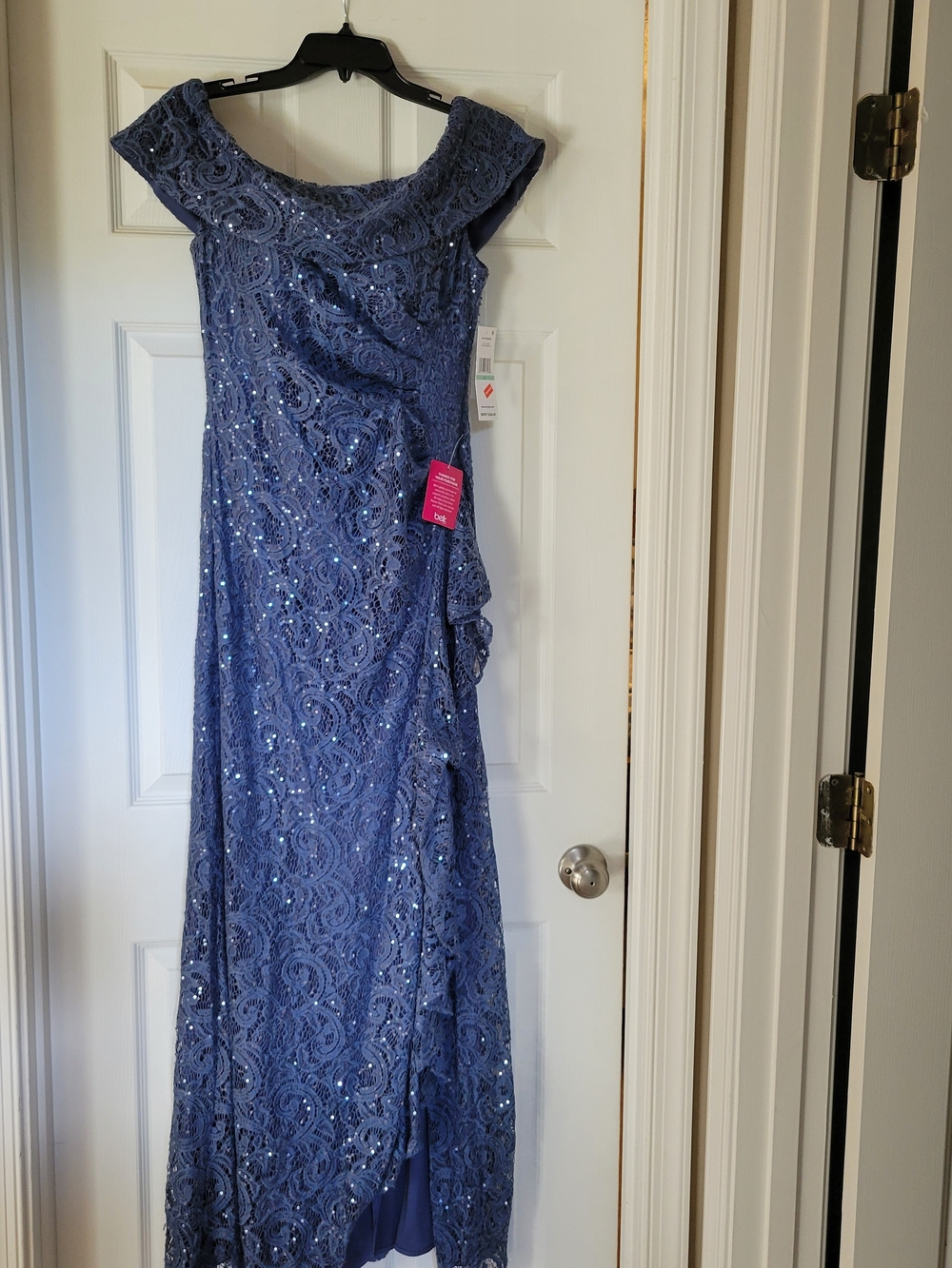 Alex Evenings Dusty Blue Lace Sequin Off-Shoulder Gown